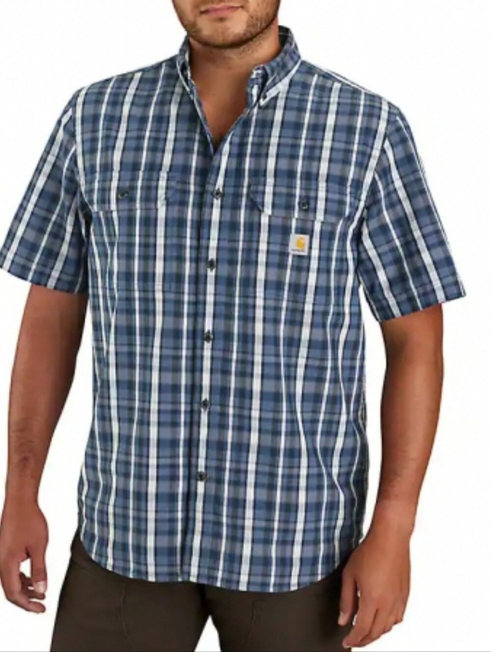 Carhartt Men’s Navy and White Plaid Short-Sleeve Button-Up Shirt
